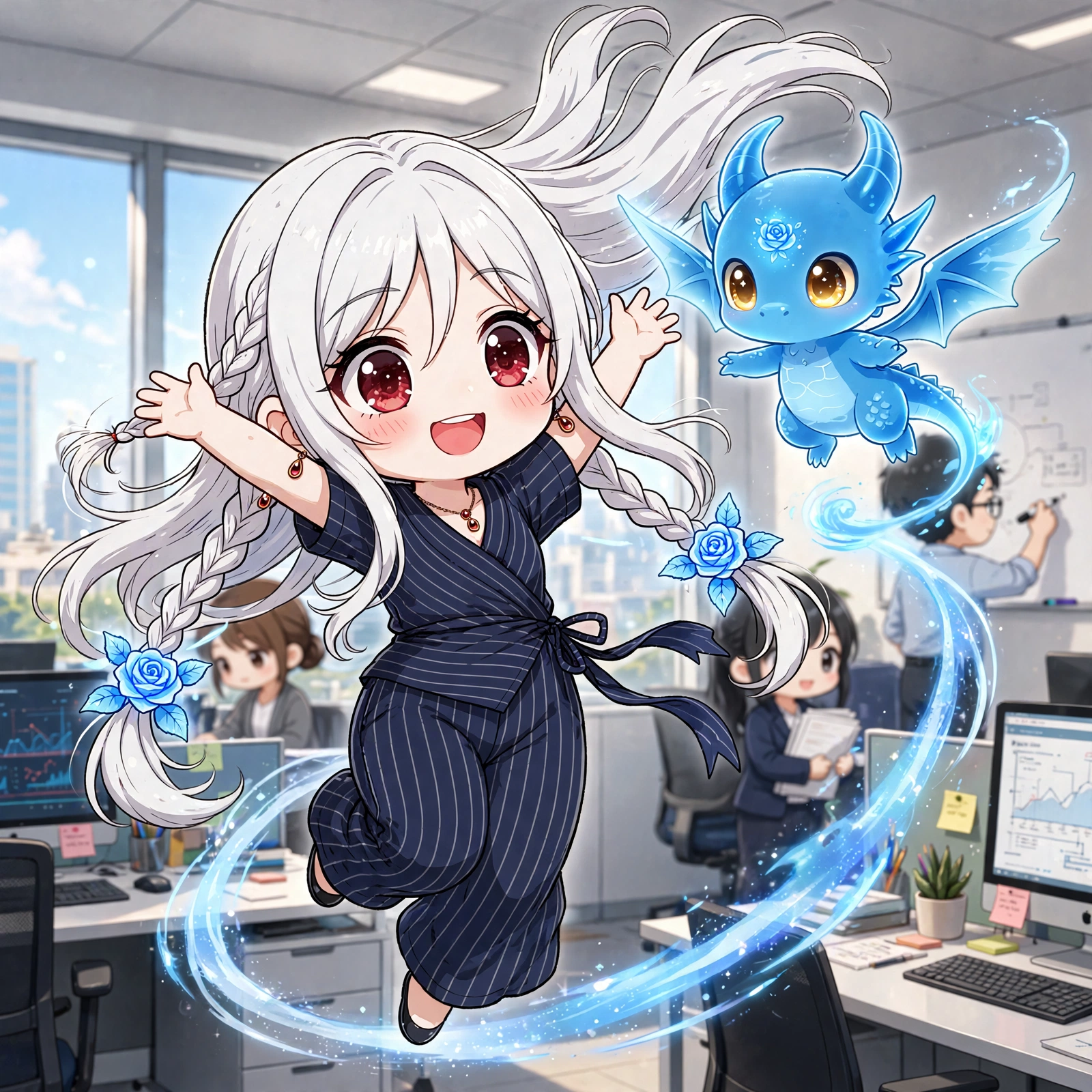 Luna, the SNN chibi news anchor with long white hair in a navy pinstripe suit, jumping for joy beside Sora, a small glowing blue baby spirit dragon, in a bright office with chibi staff in the background